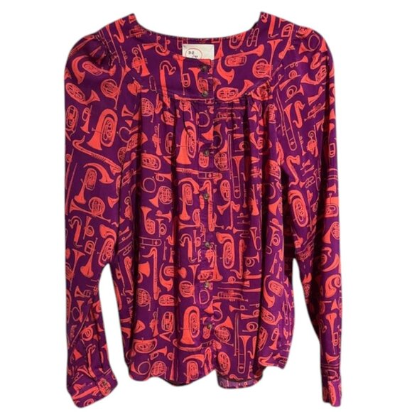 Anthropologie 52 Conversations Colloquial Yoked Button Down Toot Your Horn Sz 10 - Picture 4 of 15